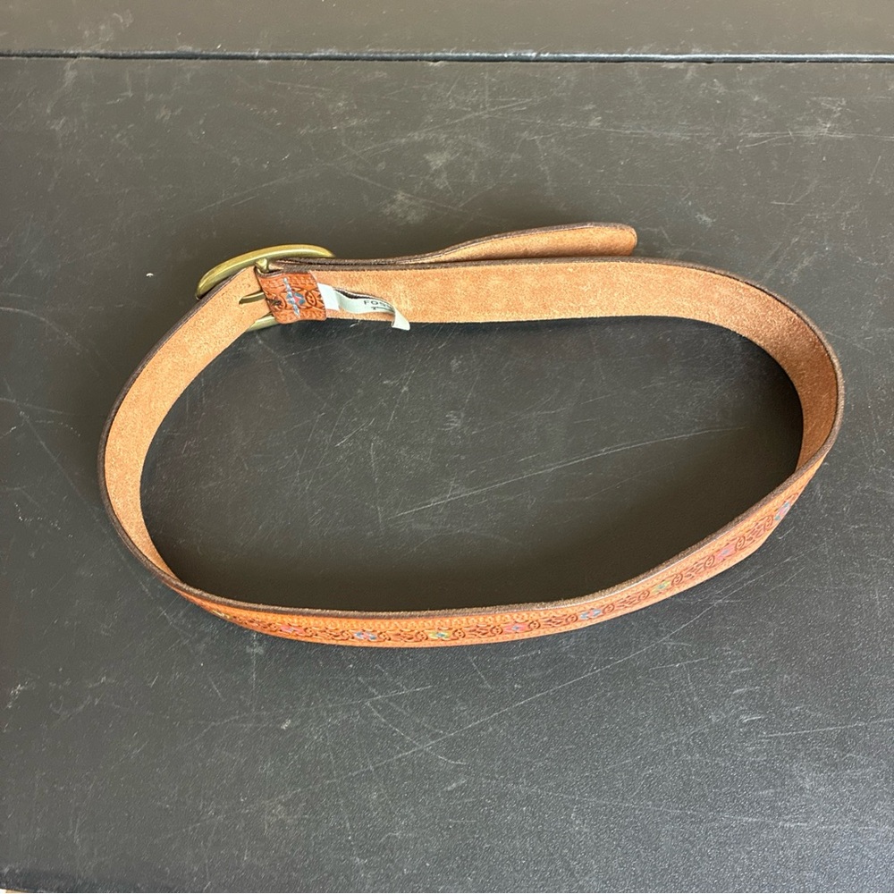Fossil Brown Tooled Colorful Leather Belt Western Boho Y2K Size Small - Picture 8 of 16
